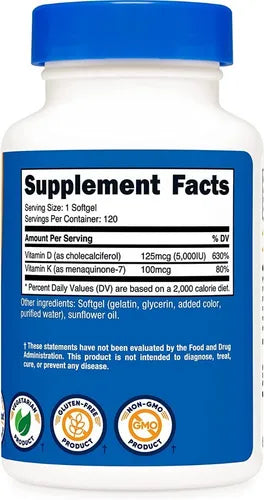 Nutricost Vitamina K2 + Vitamina D3, 120 Cápsulas Blandas Sabor Sin sabor