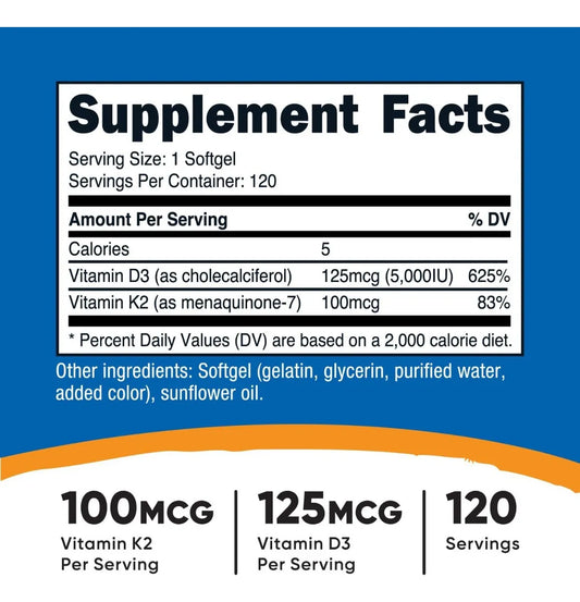 Nutricost Vitamina K2 + Vitamina D3, 120 Cápsulas Blandas Sabor Sin sabor
